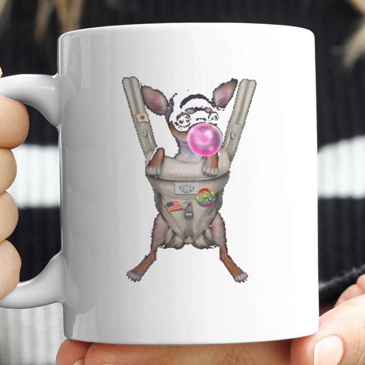 Black Chihuahua Dog In Baby Carrier With Bubble Gum Coffee Mug