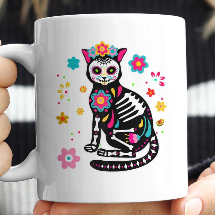 Womens Black Cat Sugar Skull Day Of Dead Mexican Dia De Los Muertos Coffee Mug