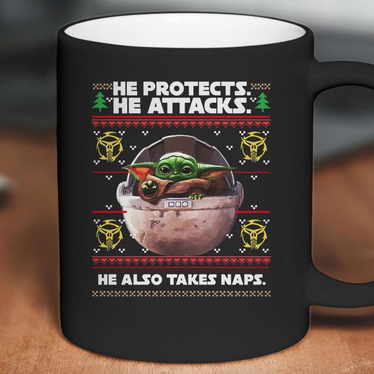 Baby Yoda He Protects He Attacks He Also Takes Naps Christmas Sweater Coffee Mug