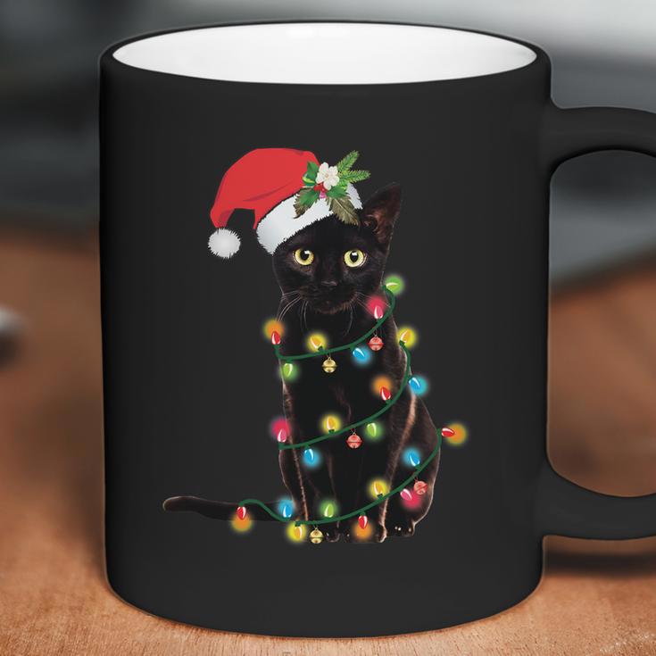 Black Santa Cat Tangled Up In Lights Christmas Santa Coffee Mug