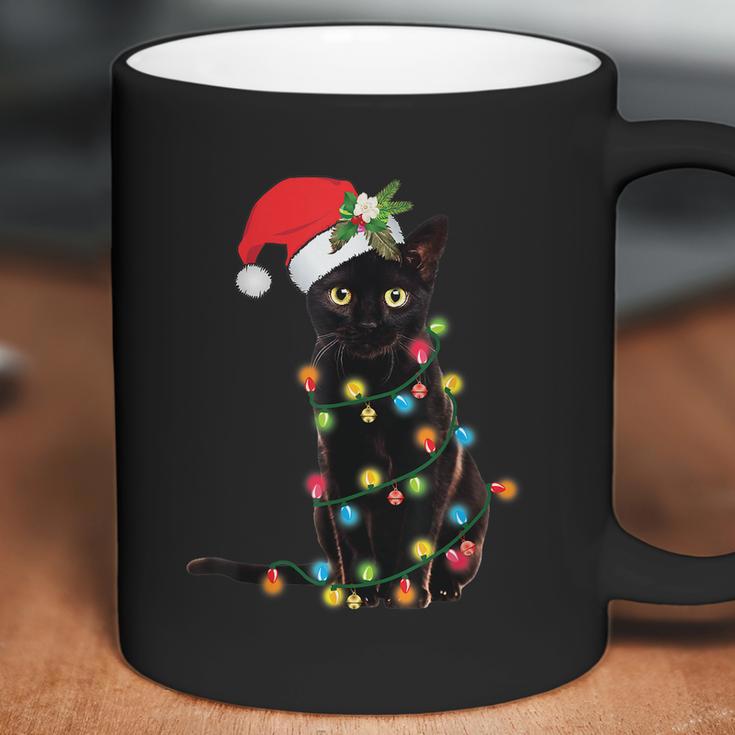 Santa Black Cat Tangled Up In Christmas Tree Lights Holiday Tshirt Coffee Mug