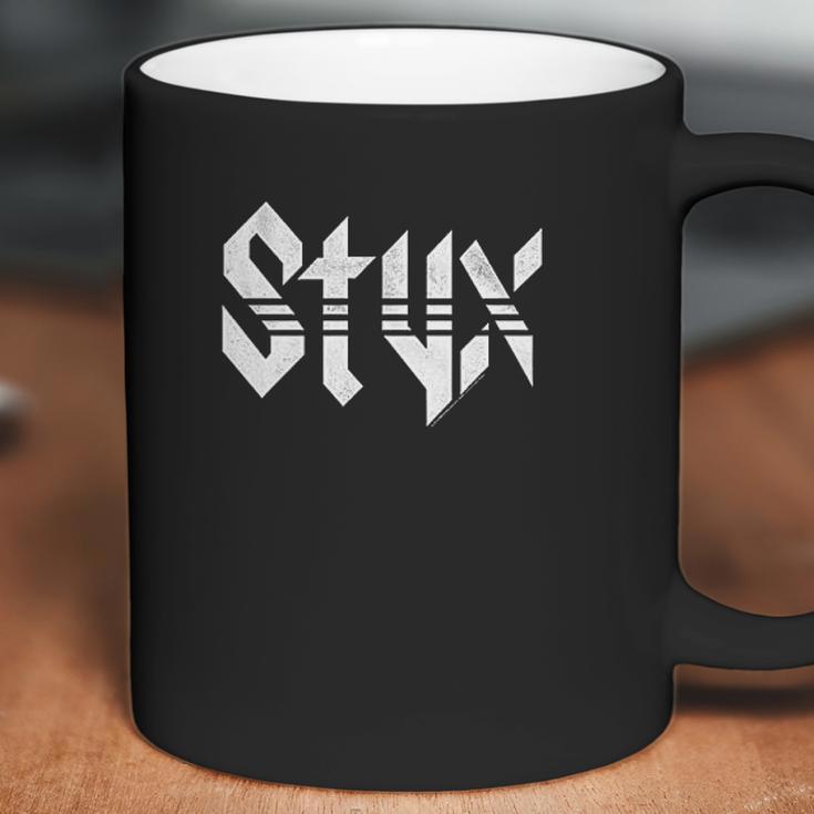 Styx 1972 American Rock Band White Distressed Logo On Black Coffee Mug