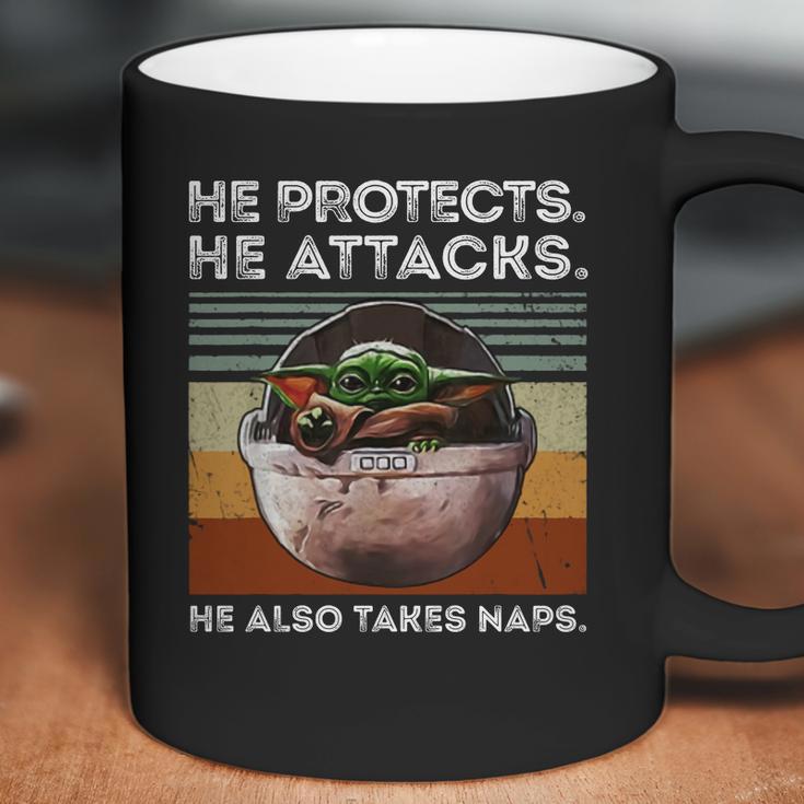 Vintage Baby Yoda He Protects He Attacks He Also Takes Naps Shirt Coffee Mug