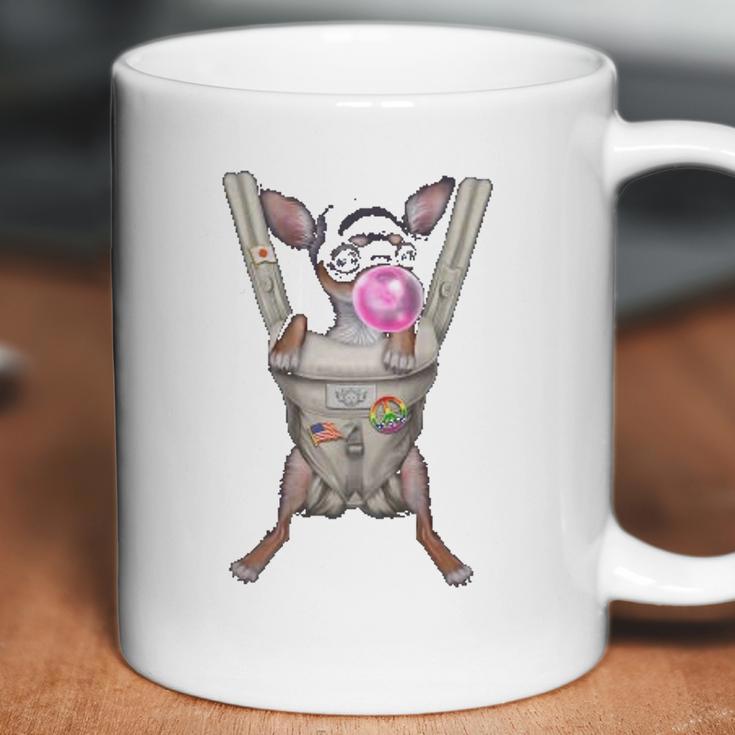 Black Chihuahua Dog In Baby Carrier With Bubble Gum Coffee Mug