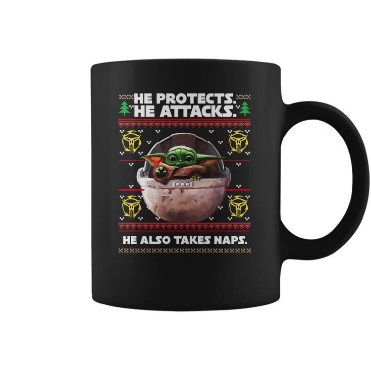 Baby Yoda He Protects He Attacks He Also Takes Naps Christmas Sweater Coffee Mug