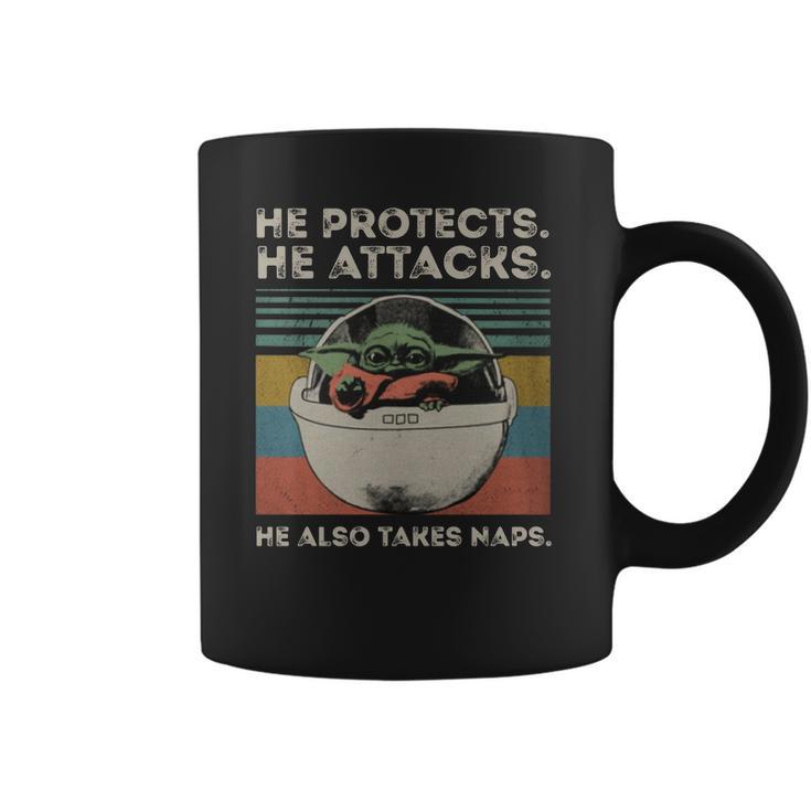 Baby Yoda He Protects He Attacks He Also Takes Naps Vintage Shirt Coffee Mug