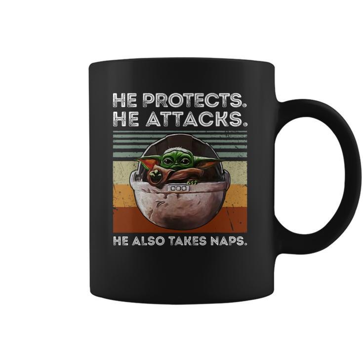 Vintage Baby Yoda He Protects He Attacks He Also Takes Naps Shirt Coffee Mug