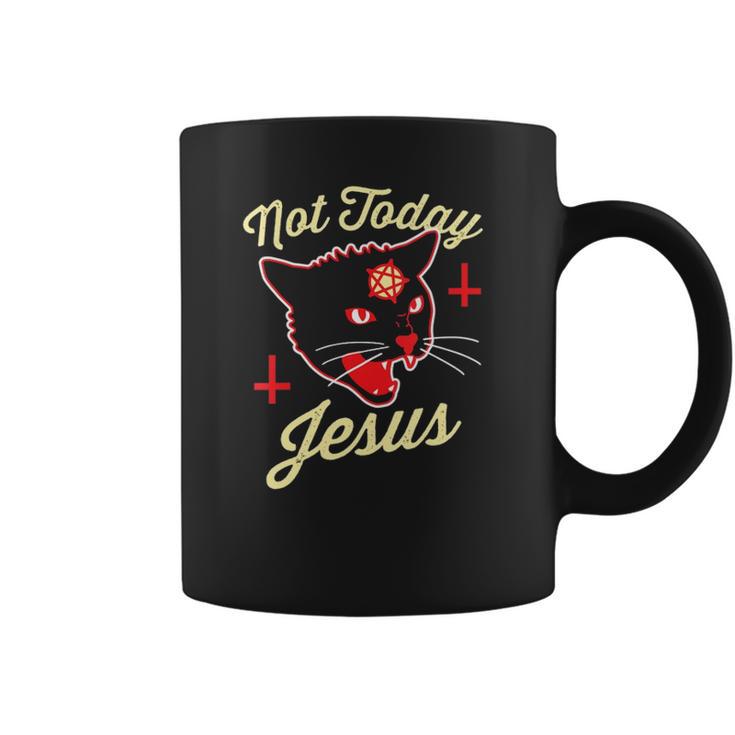 Womens Not Today Jesus Hail Satan Satanic Cat Death Metal Halloween V-Neck Coffee Mug