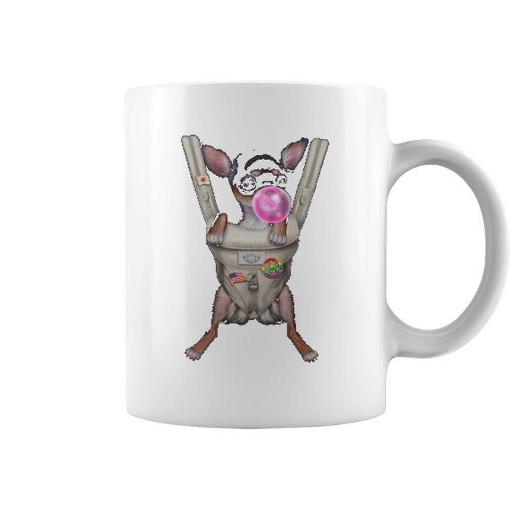 Black Chihuahua Dog In Baby Carrier With Bubble Gum Coffee Mug