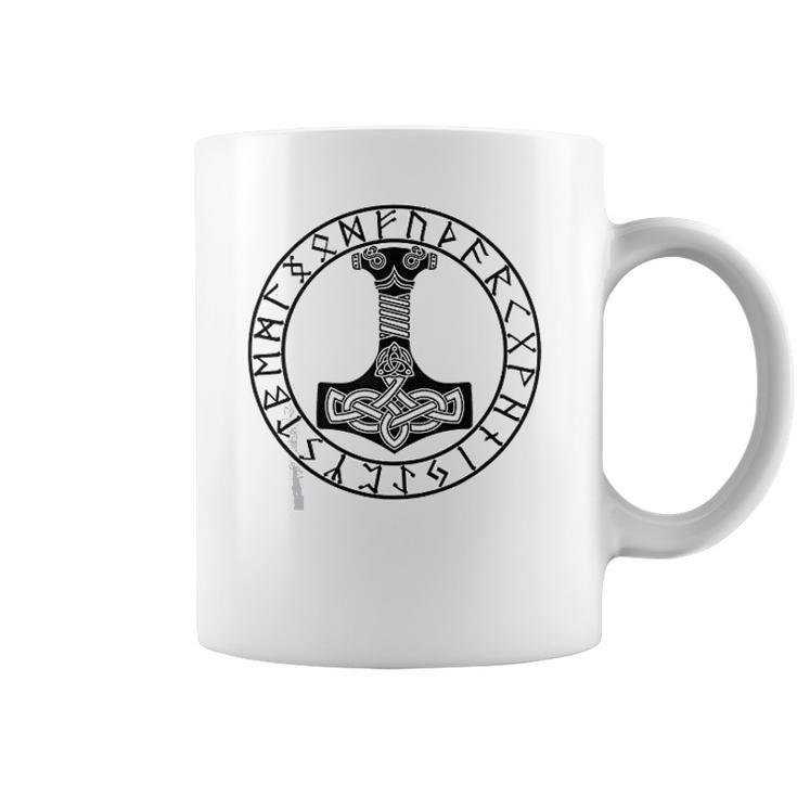 Thor Hammer Mjolnir In Circle Of Norse Runes Coffee Mug