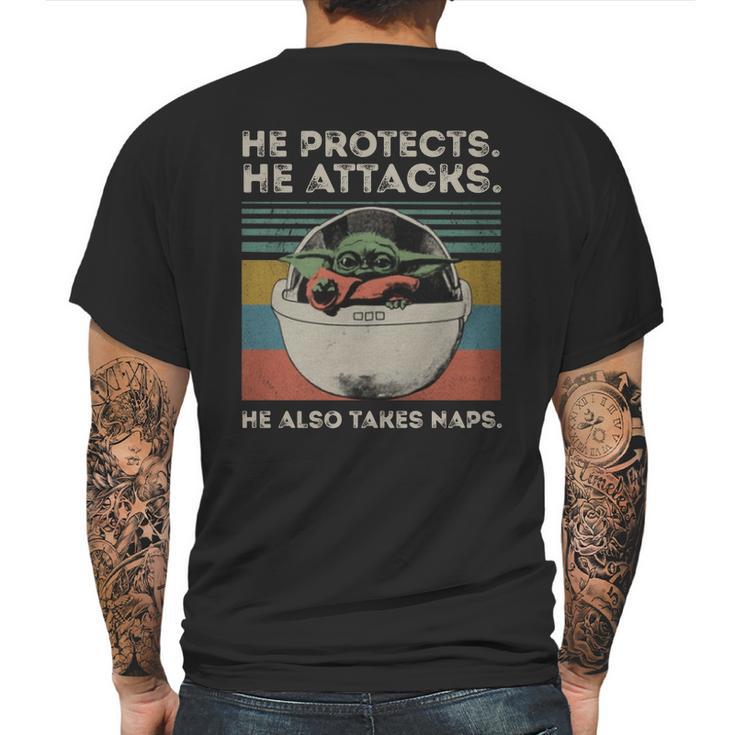 Baby Yoda He Protects He Attacks He Also Takes Naps Vintage Shirt Mens Back Print T-shirt