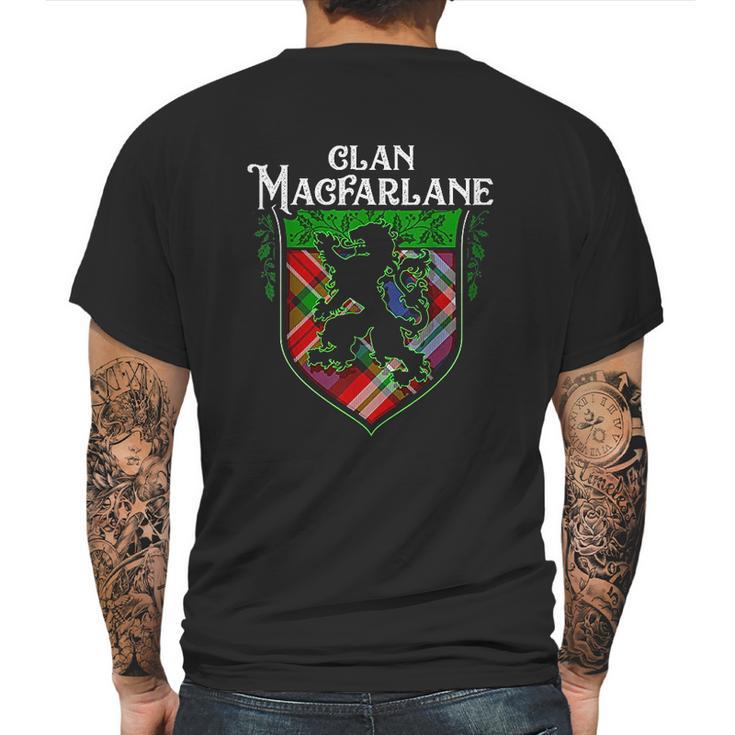 Clan Macfarlane Surname Scottish Tartan Lion Rampant Crest Mens Back Print T-shirt