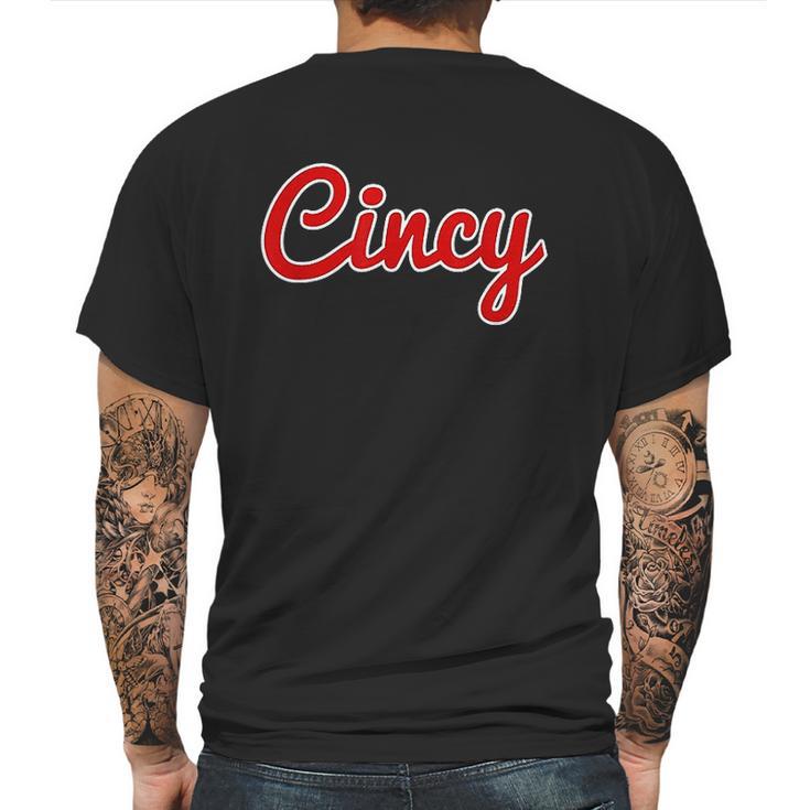 Classic Red Script Cincy City Mens Back Print T-shirt