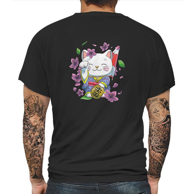 Japanese Maneki Neko Lucky Cat Mens Back Print T-shirt