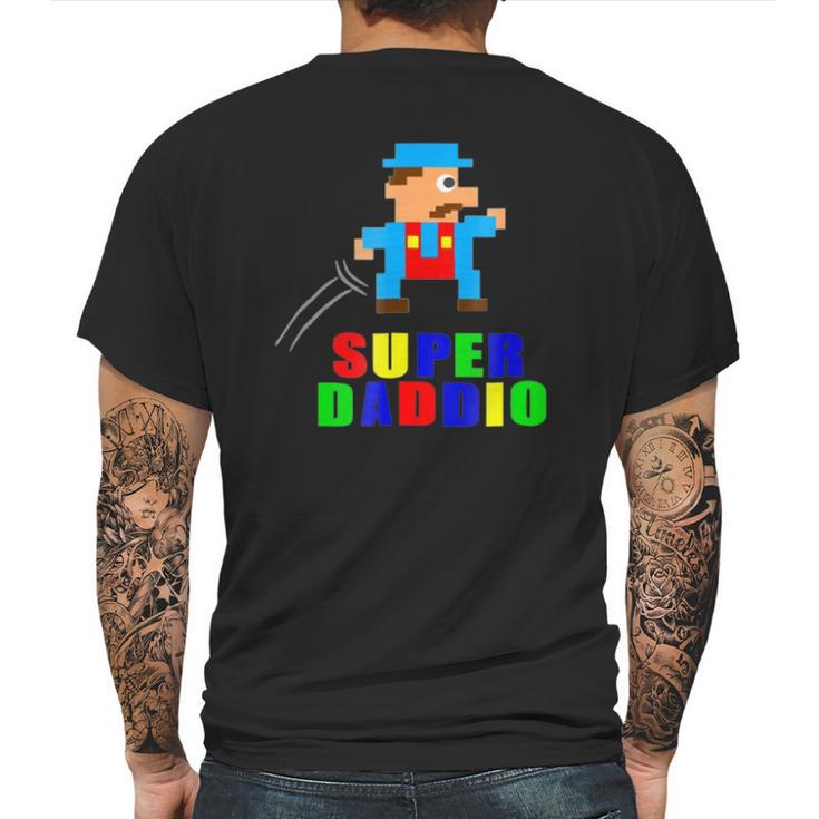 Mens Super Daddio Fathers Day Video Game Action Figure Arcade Tee Mens Back Print T-shirt