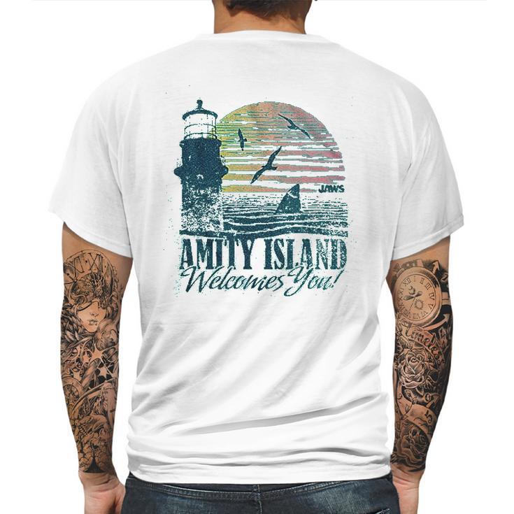 Jaws  Amity Island Welcomes You Lighthouse Mahi Heather Mens Back Print T-shirt