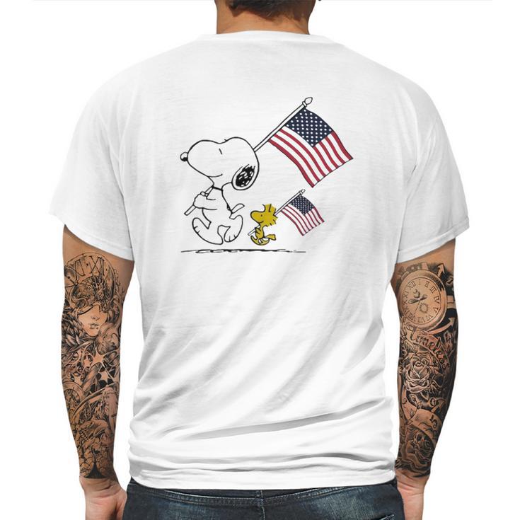 Snoopy And Woodstock Holding American Flag 4Th Of July Mens Back Print T-shirt