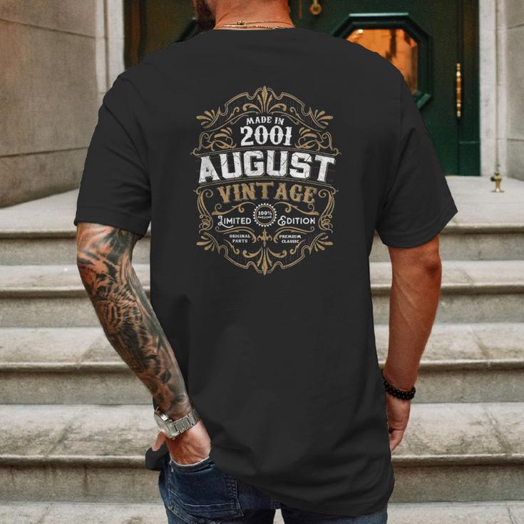 20Th Birthday 20 Years Old August 2001 Made Born Vintage Mens Back Print T-shirt Gifts for Men