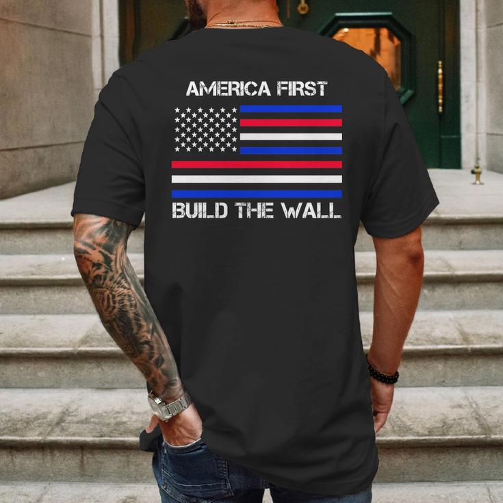 America First Build The Wall Flag Mens Back Print T-shirt Gifts for Men