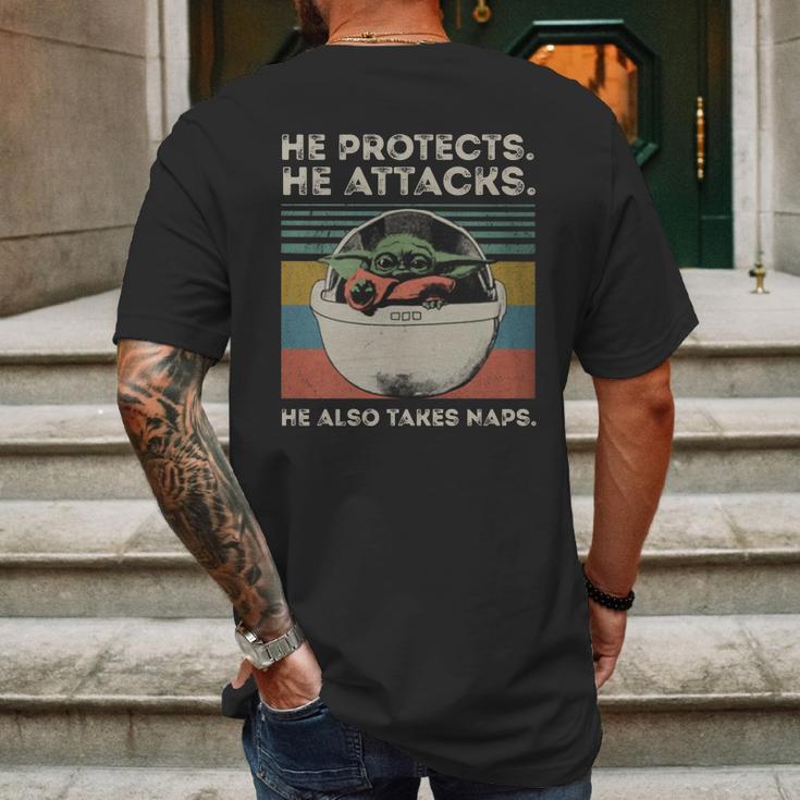 Baby Yoda He Protects He Attacks He Also Takes Naps Vintage Shirt Mens Back Print T-shirt Gifts for Men