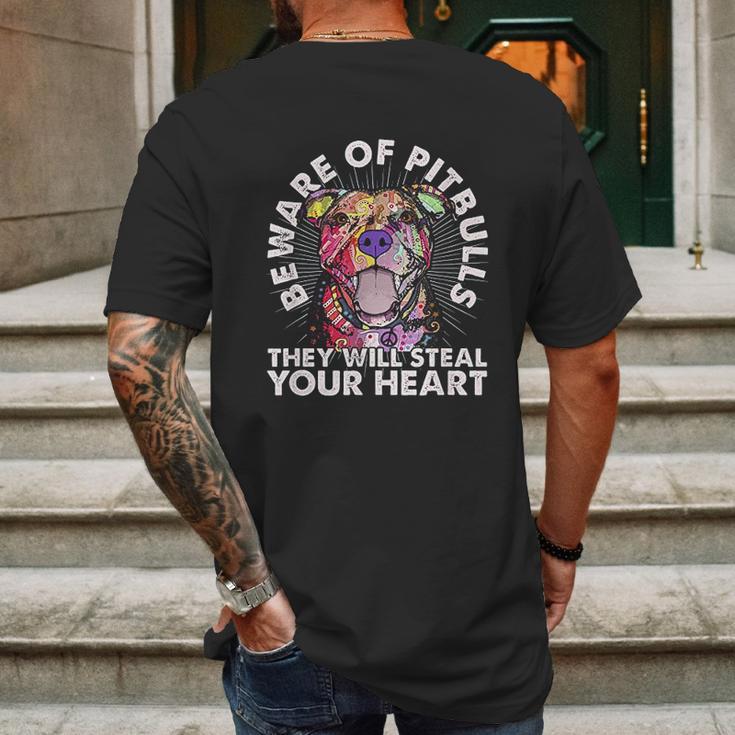 Beware Of Pit Bulls They Will Steal Your Heart Mens Back Print T-shirt Gifts for Men