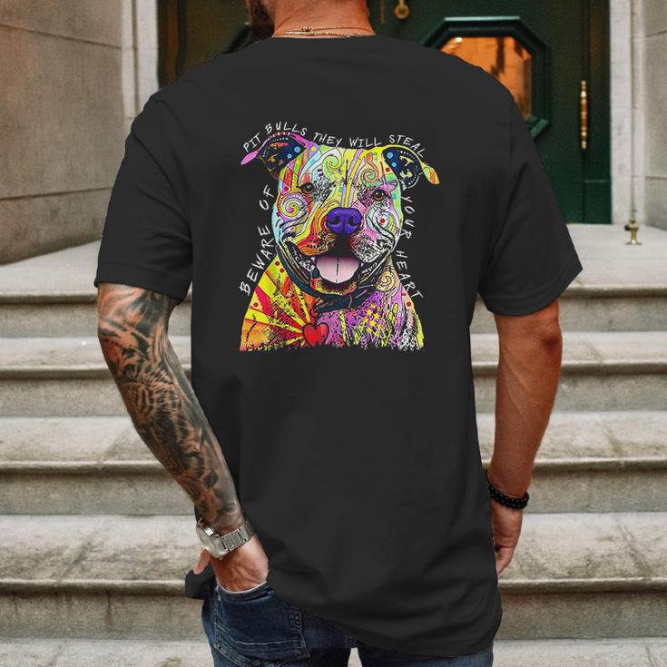 Beware Of Pit Bulls They Will Steal Your Heart Mens Back Print T-shirt Gifts for Men