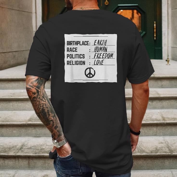 Birthplace Earth Race Human Freedom Love Peace Mens Back Print T-shirt Gifts for Men