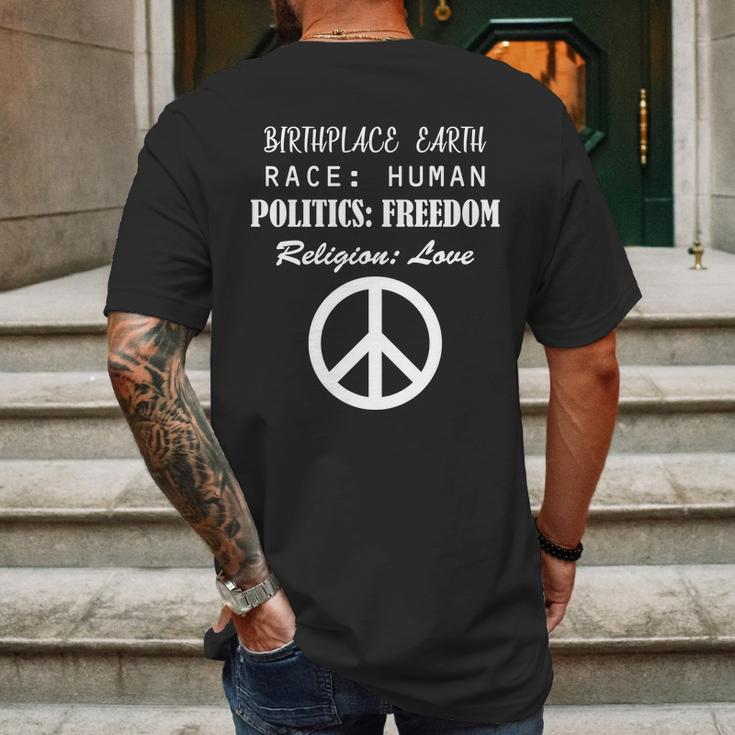 Birthplace Earth Race Human Religion Love Peace Mens Back Print T-shirt Gifts for Men