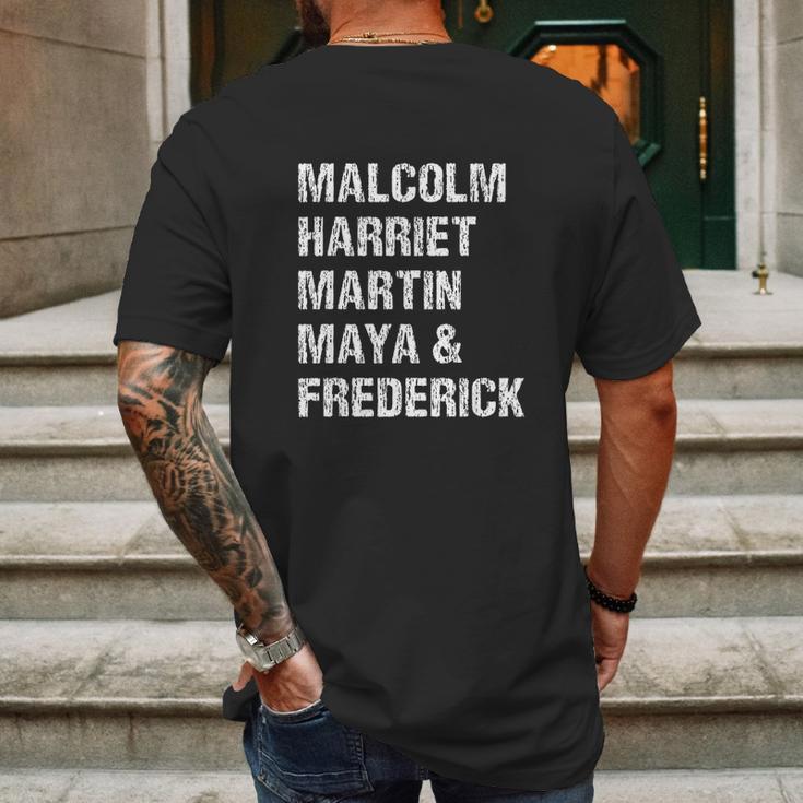 Black History Month Malcolm Harriet Martin Maya & Frederick Mens Back Print T-shirt Gifts for Men