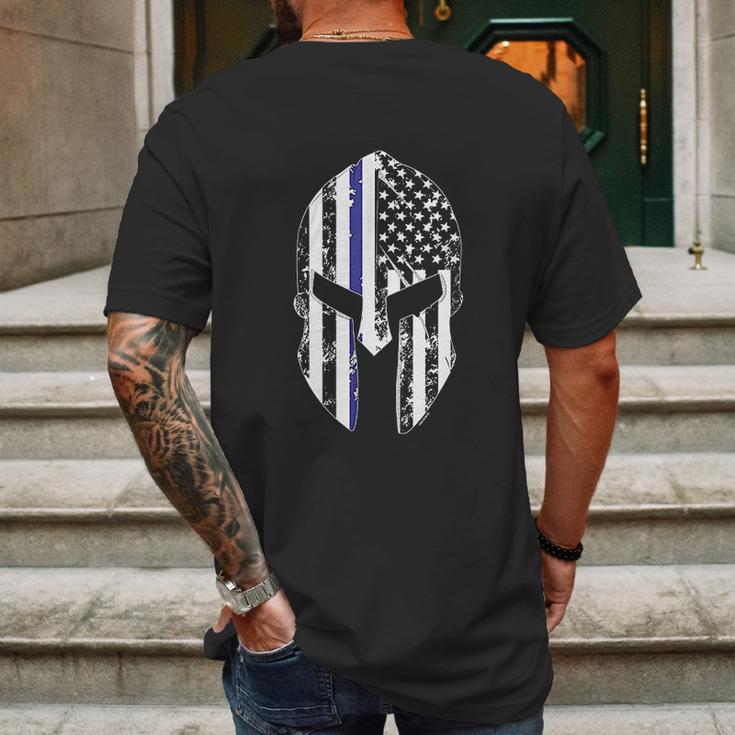 Blue Line American Flag Spartan Head Mens Back Print T-shirt Gifts for Men