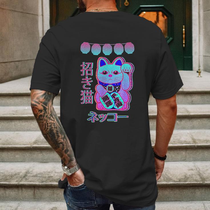 Cat Japanese Welcome Vaporwave Aesthetic Otaku | Maneki Neko Mens Back Print T-shirt Gifts for Men