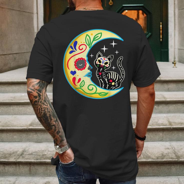 Cat Moon Sugar Skull Dia De Los Muertos Day Of He Dead Mens Back Print T-shirt Gifts for Men