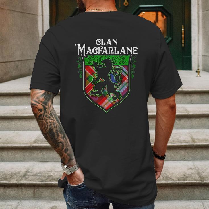 Clan Macfarlane Surname Scottish Tartan Lion Rampant Crest Mens Back Print T-shirt Gifts for Men