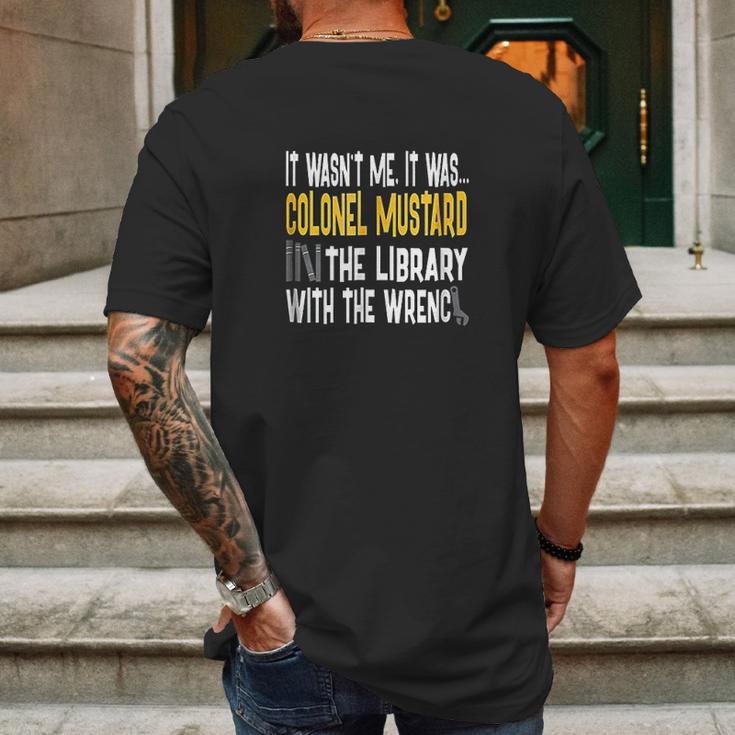 Colonel Mustard Library Wrench Clue Mens Back Print T-shirt Gifts for Men