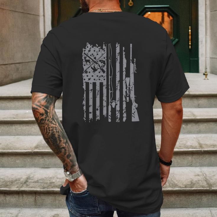 Cool Fishing Rod Hunting Rifle American Flag Gift Mens Back Print T-shirt Gifts for Men