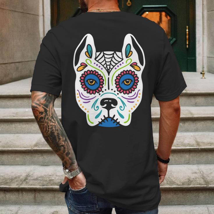 Dog Sugar Skull Dia De Los Muertos Pit Bull Day Of The Dead Mens Back Print T-shirt Gifts for Men