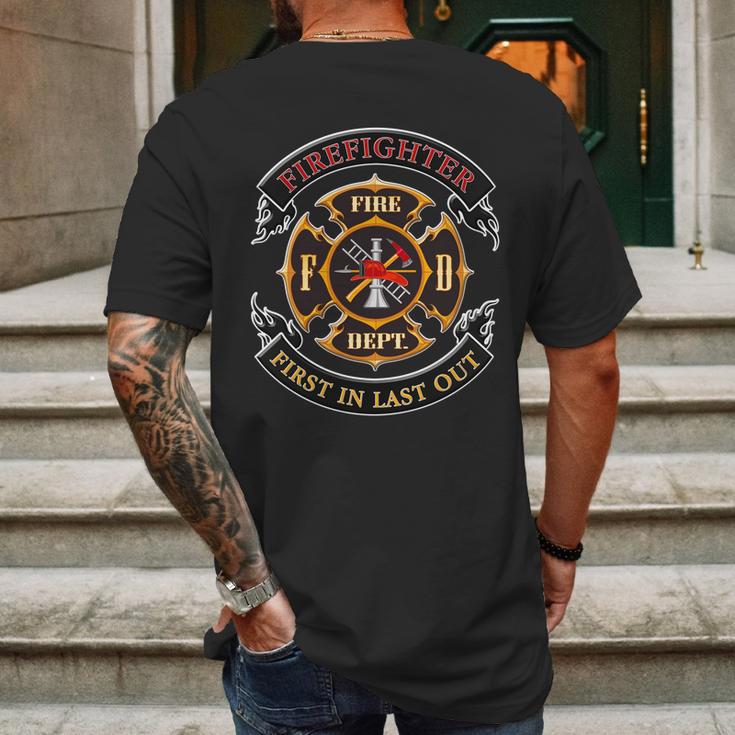 Firefighter Biker Logo First In Last Out Mens Back Print T-shirt Gifts for Men