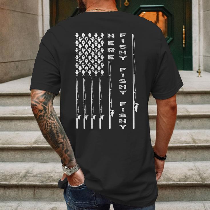 Here Fishy American Flag Mens Back Print T-shirt Gifts for Men