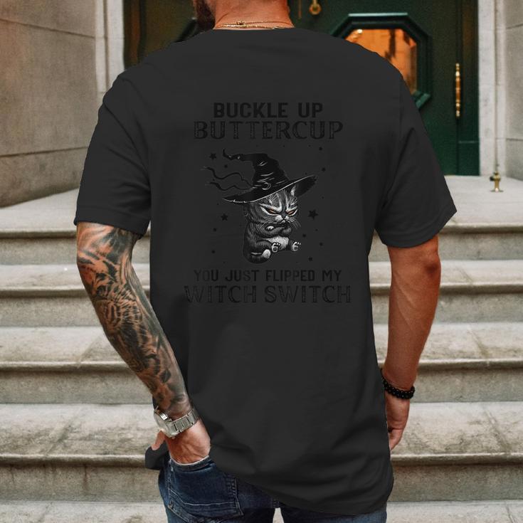 Funny Halloween Buckle Up Buttercup You Just Flipped My Witch Switch Cat Design Mens Back Print T-shirt Gifts for Men