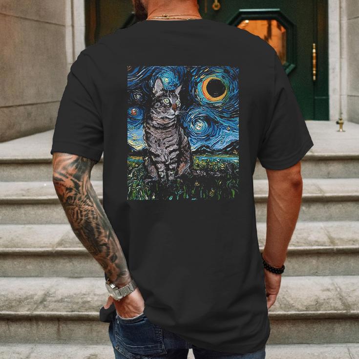 Gray Tabby Tiger Cat Starry Night Moon And Stars Art By Aja Mens Back Print T-shirt Gifts for Men