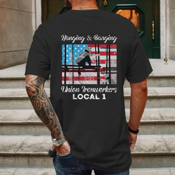 Hanging And Banging Union Ironworkers Us Flag Labor Day Gift Graphic Design Printed Casual Daily Basic Mens Back Print T-shirt Gifts for Men