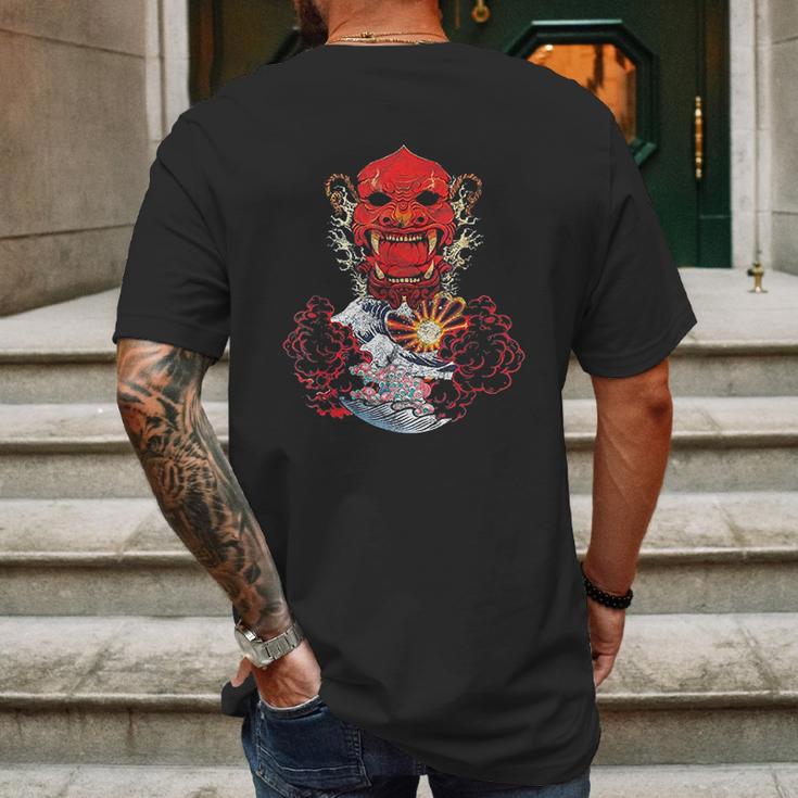 Japanese Red Samurai Oni Ogre Kanagawa Wave Demon Mens Back Print T-shirt Gifts for Men