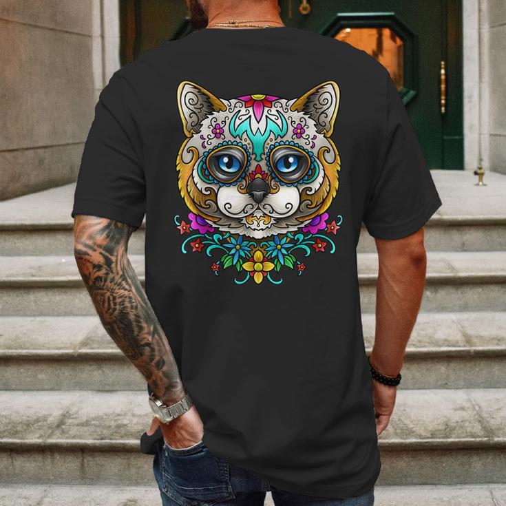 Kitty Cat Sugar Skull Day Of The Dead Dia De Muertos Mens Back Print T-shirt Gifts for Men