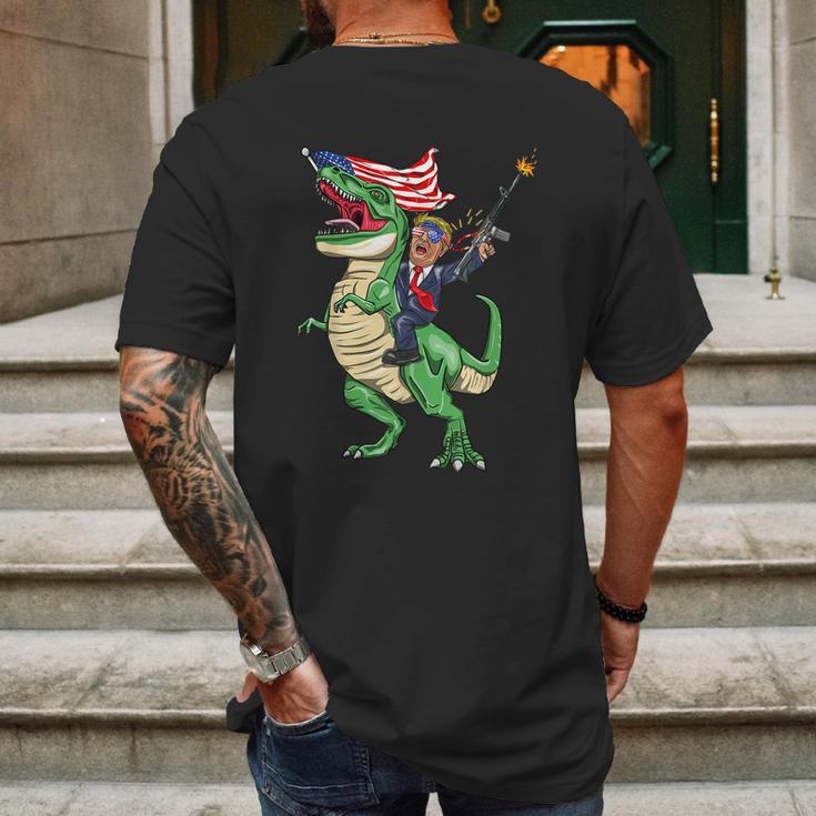 Machine Gun Trump On Rex Dinosaur With American Flag Graphic Design Printed Casual Daily Basic Mens Back Print T-shirt Gifts for Men