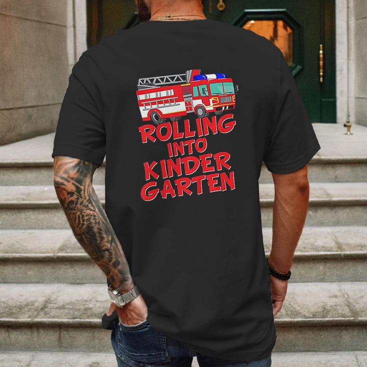 Rolling Into Kindergarten Back To School Fire Truck Fireman Mens Back Print T-shirt Gifts for Men