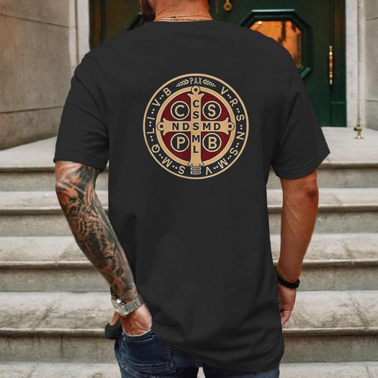 The Saint Benedict Medal Catholic Mens Back Print T-shirt Gifts for Men