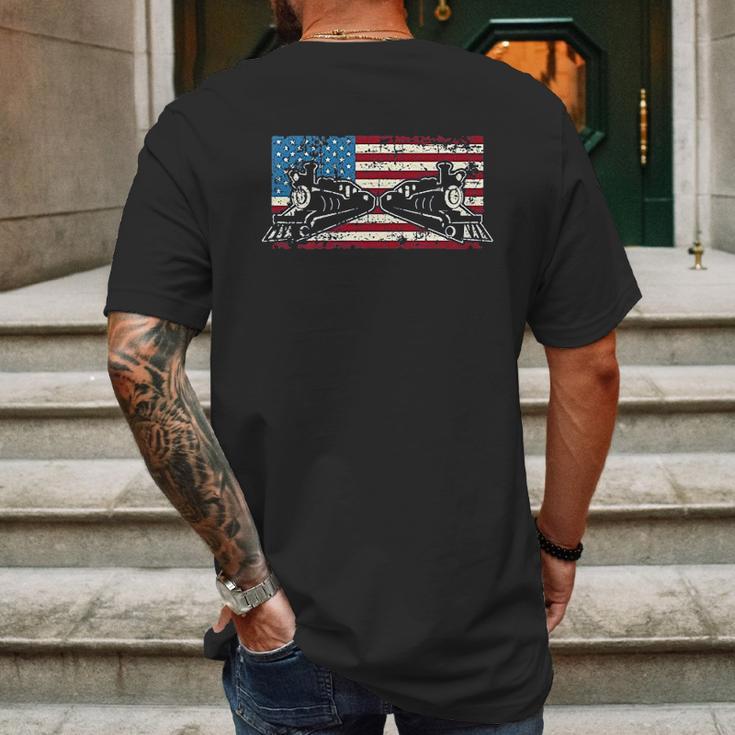 Steam Locomotive Train American Flag Mens Back Print T-shirt Gifts for Men