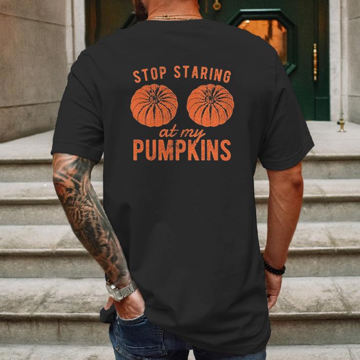 Stop Staring At My Pumpkins Funny Halloween Bobs Mens Back Print T-shirt Gifts for Men