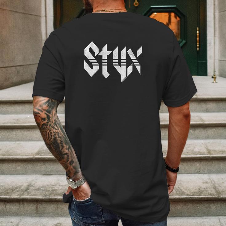 Styx 1972 American Rock Band White Distressed Logo On Black Mens Back Print T-shirt Gifts for Men