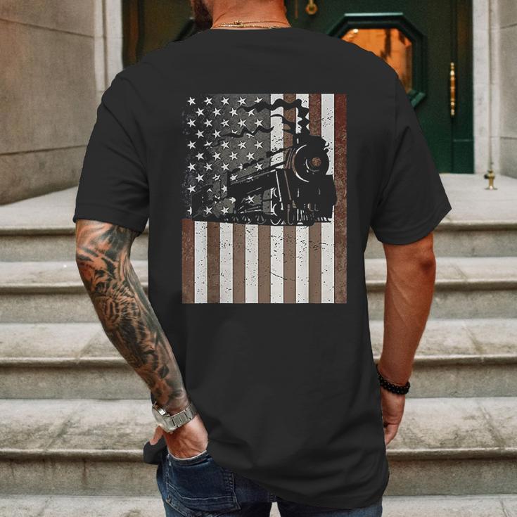 Train Locomotive Engine American Flag Model Builder Vintage Mens Back Print T-shirt Gifts for Men